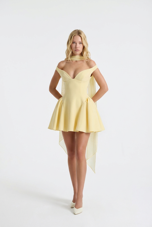 Women's Yellow Bardot Mini Dress with Corset-Style Fit and Tulle Detailing