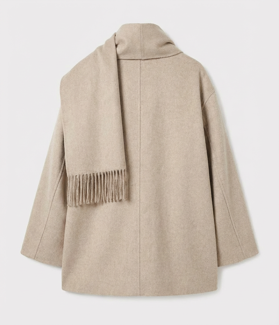 Women's Short Beige Coat with Integrated Scarf Detail