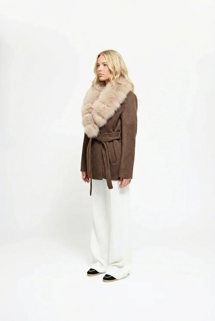Women's Brown Wrap Coat with Detachable Plush-Textured Collar and Belted Waist