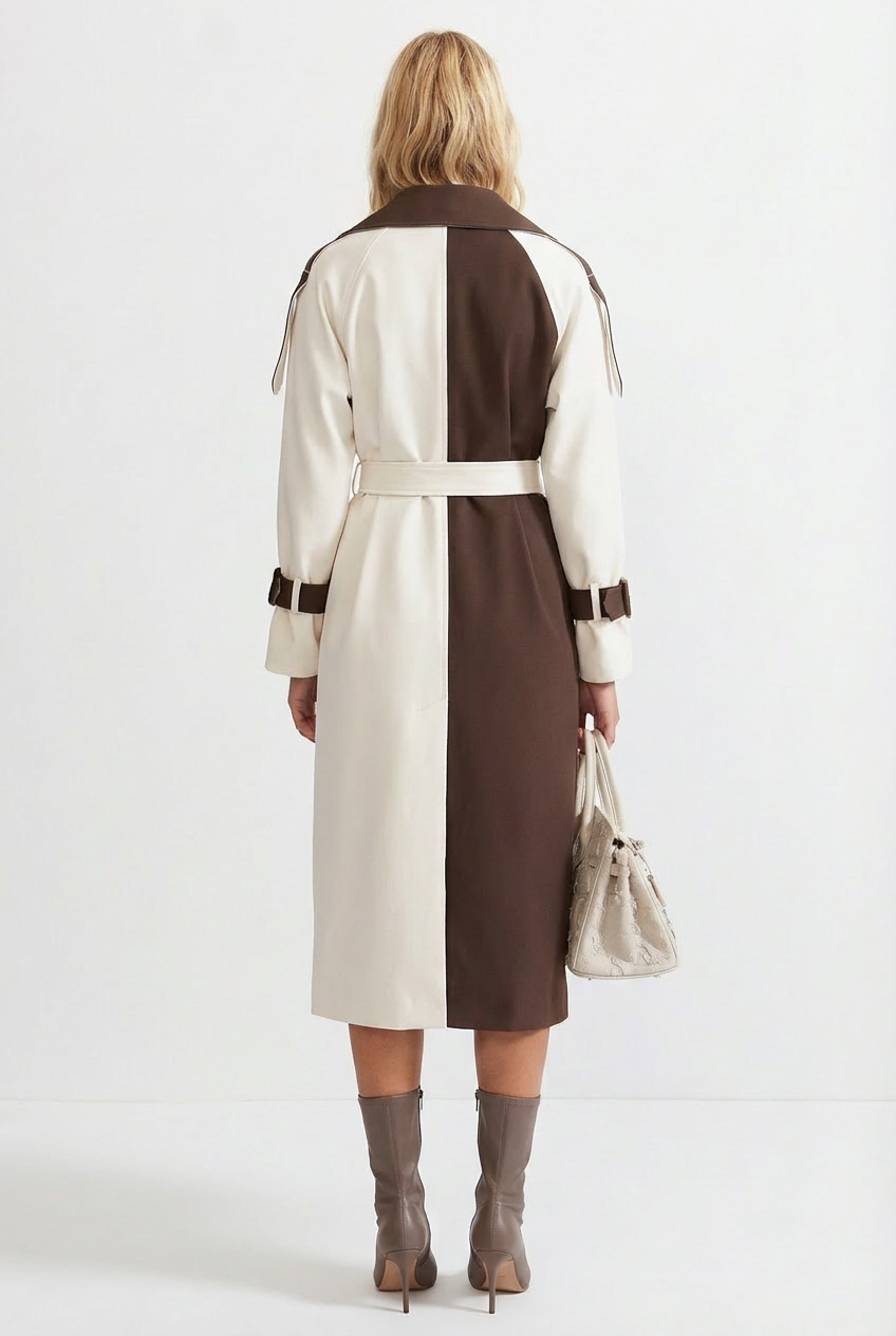 Women's Cream and Brown Double-Breasted Trench Coat with Belted Waist