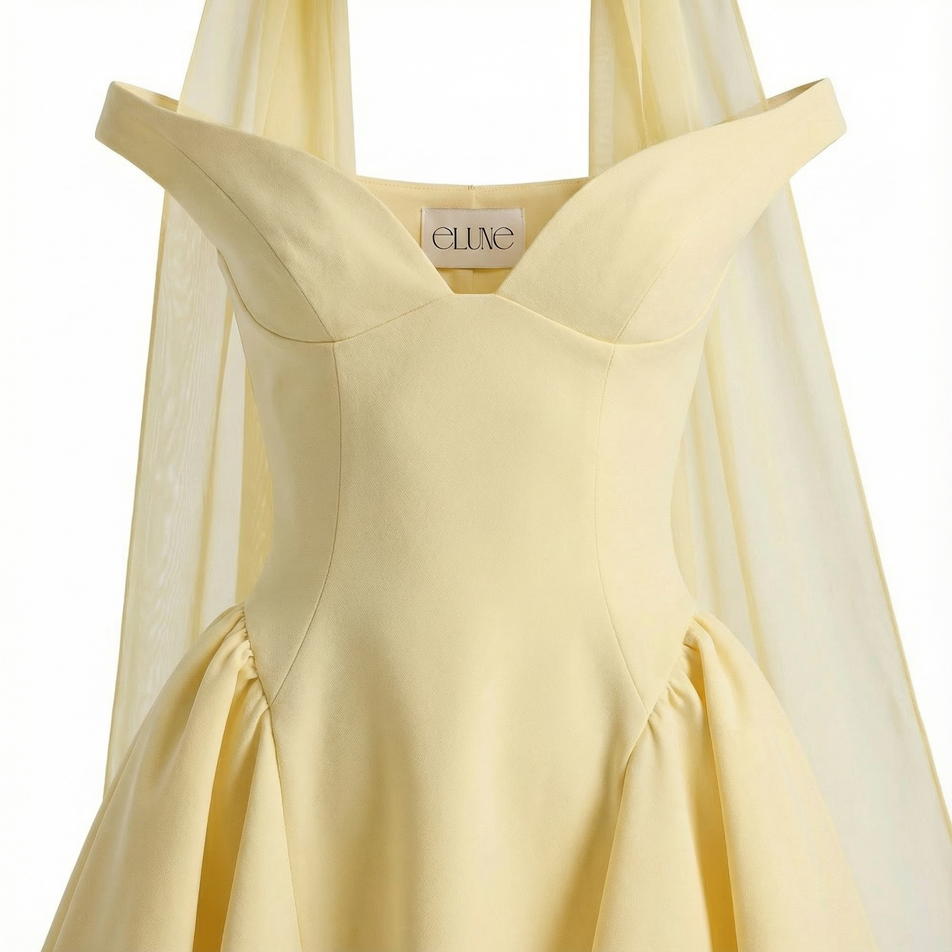 Women's Yellow Bardot Mini Dress with Corset-Style Fit and Tulle Detailing