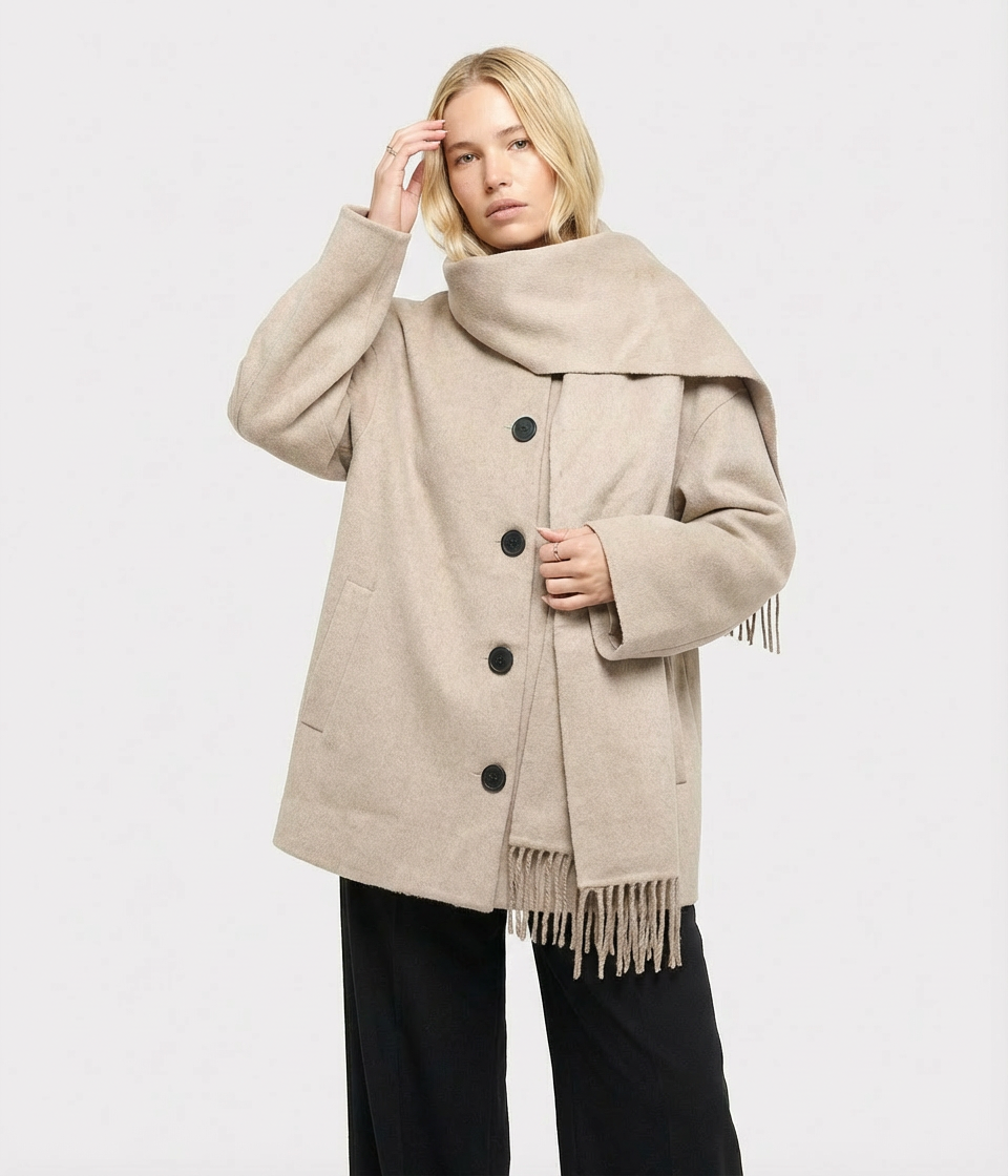 Women's Short Beige Coat with Integrated Scarf Detail