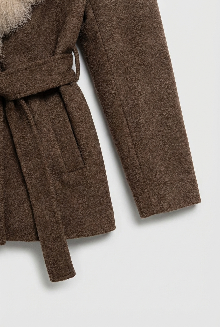 Women's Brown Wrap Coat with Detachable Plush-Textured Collar and Belted Waist