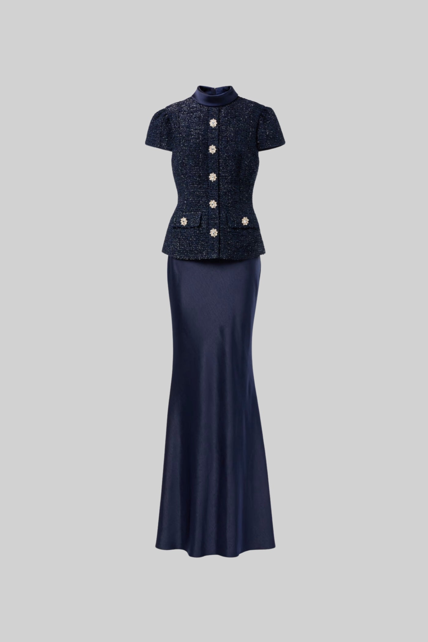 Women's Two-Piece Formal Set with Embellished Top and Full-Length Skirt - Navy Blue