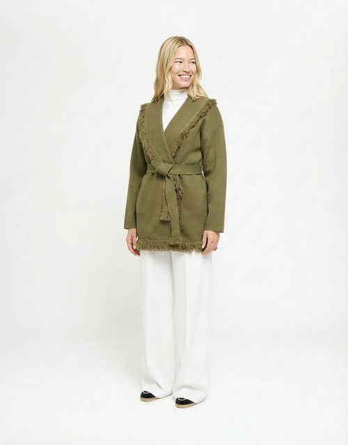 Women's Wrap-Style Mid-Length Belted Coat - Emerald Green