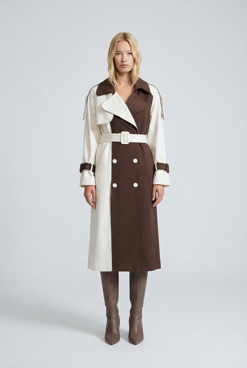 Women's Cream and Brown Double-Breasted Trench Coat with Belted Waist