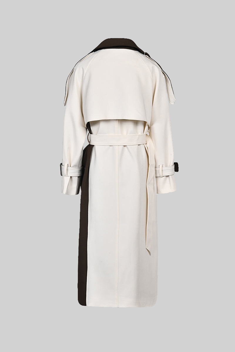 Women's Cream and Brown Double-Breasted Trench Coat with Belted Waist