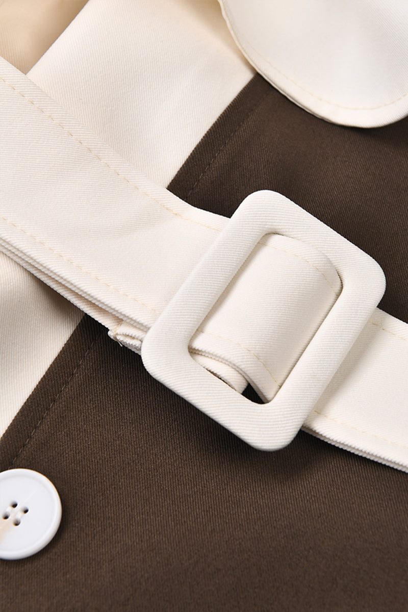 Women's Cream and Brown Double-Breasted Trench Coat with Belted Waist