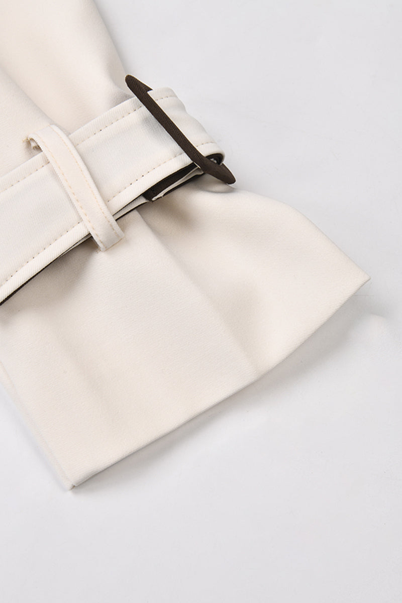 Women's Cream and Brown Double-Breasted Trench Coat with Belted Waist