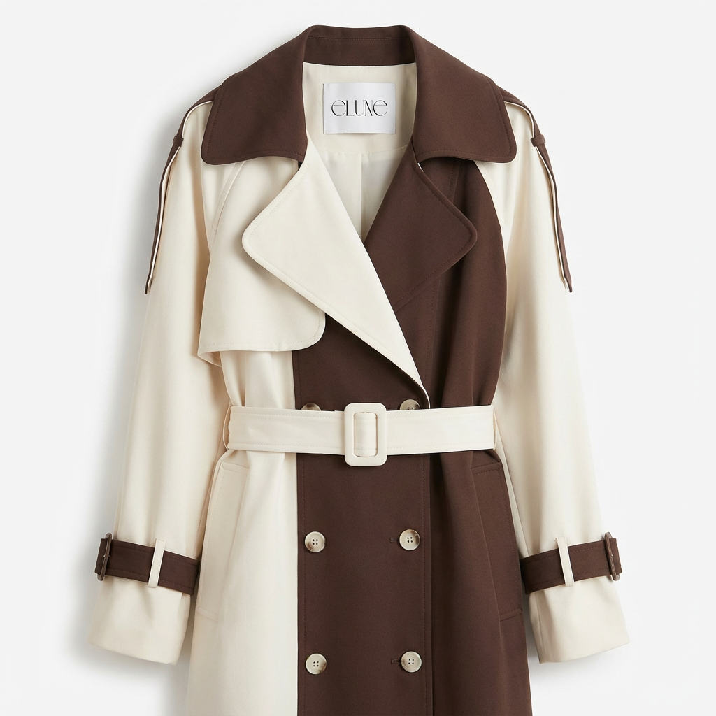 Women's Cream and Brown Double-Breasted Trench Coat with Belted Waist