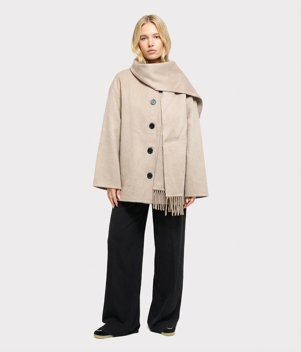 Women's Short Beige Coat with Integrated Scarf Detail