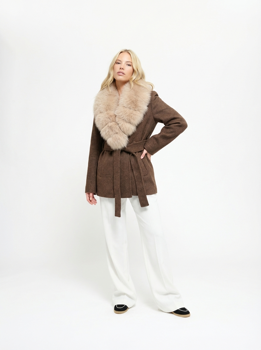 Women's Brown Wrap Coat with Detachable Plush-Textured Collar and Belted Waist