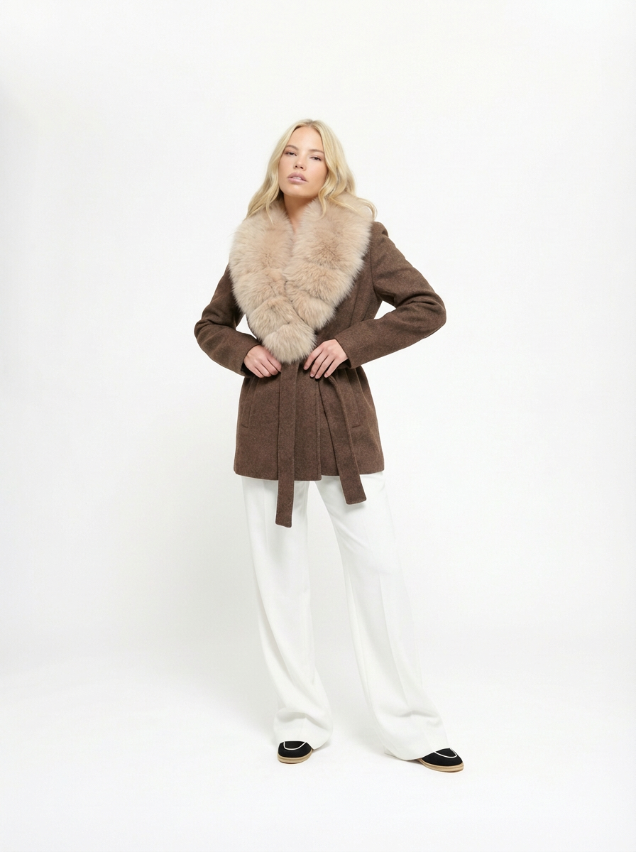 Women's Brown Wrap Coat with Detachable Plush-Textured Collar and Belted Waist