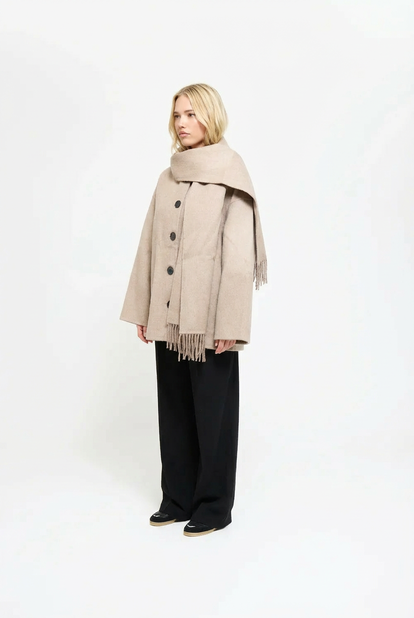 Women's Short Beige Coat with Integrated Scarf Detail
