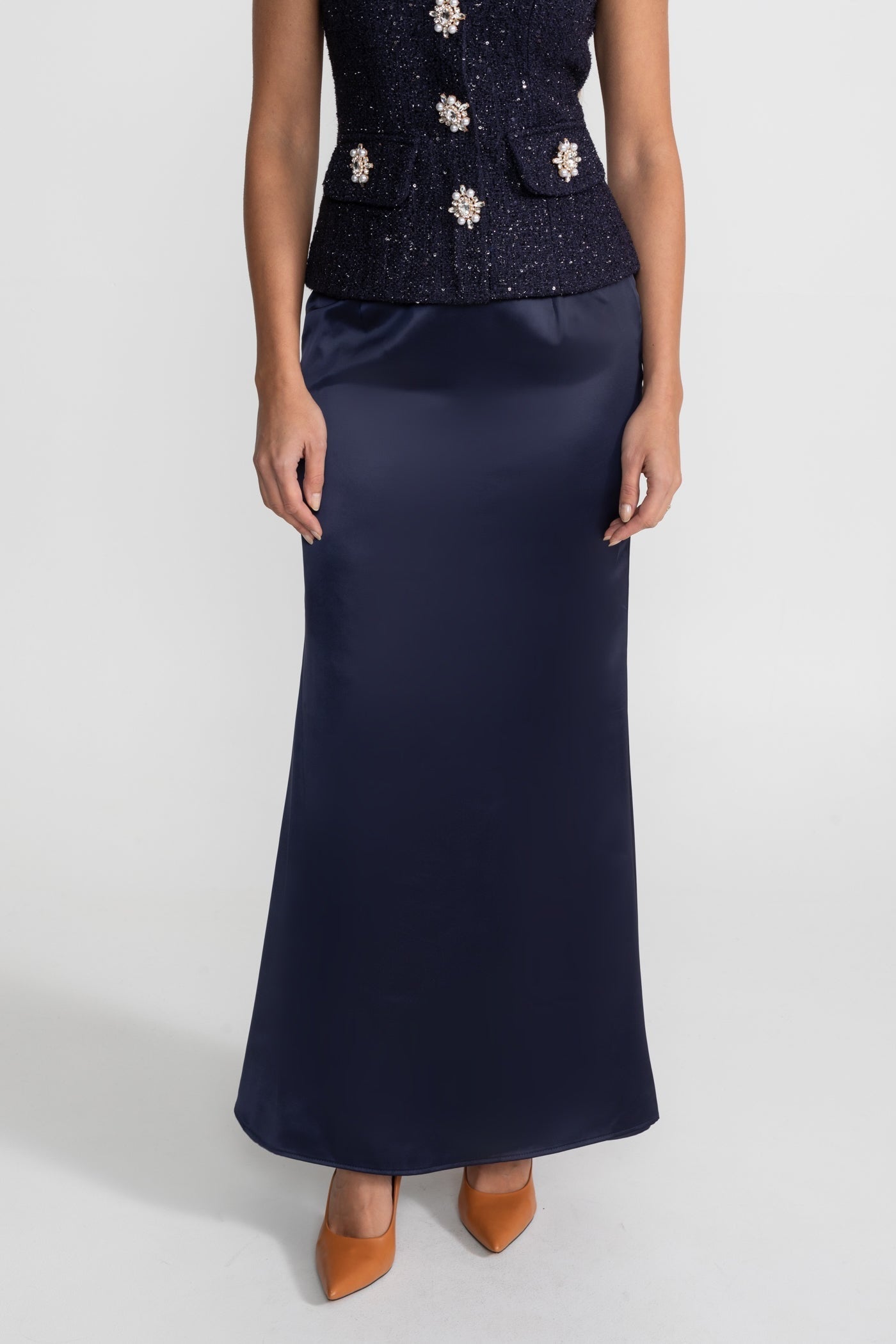 Women's Two-Piece Formal Set with Embellished Top and Full-Length Skirt - Navy Blue