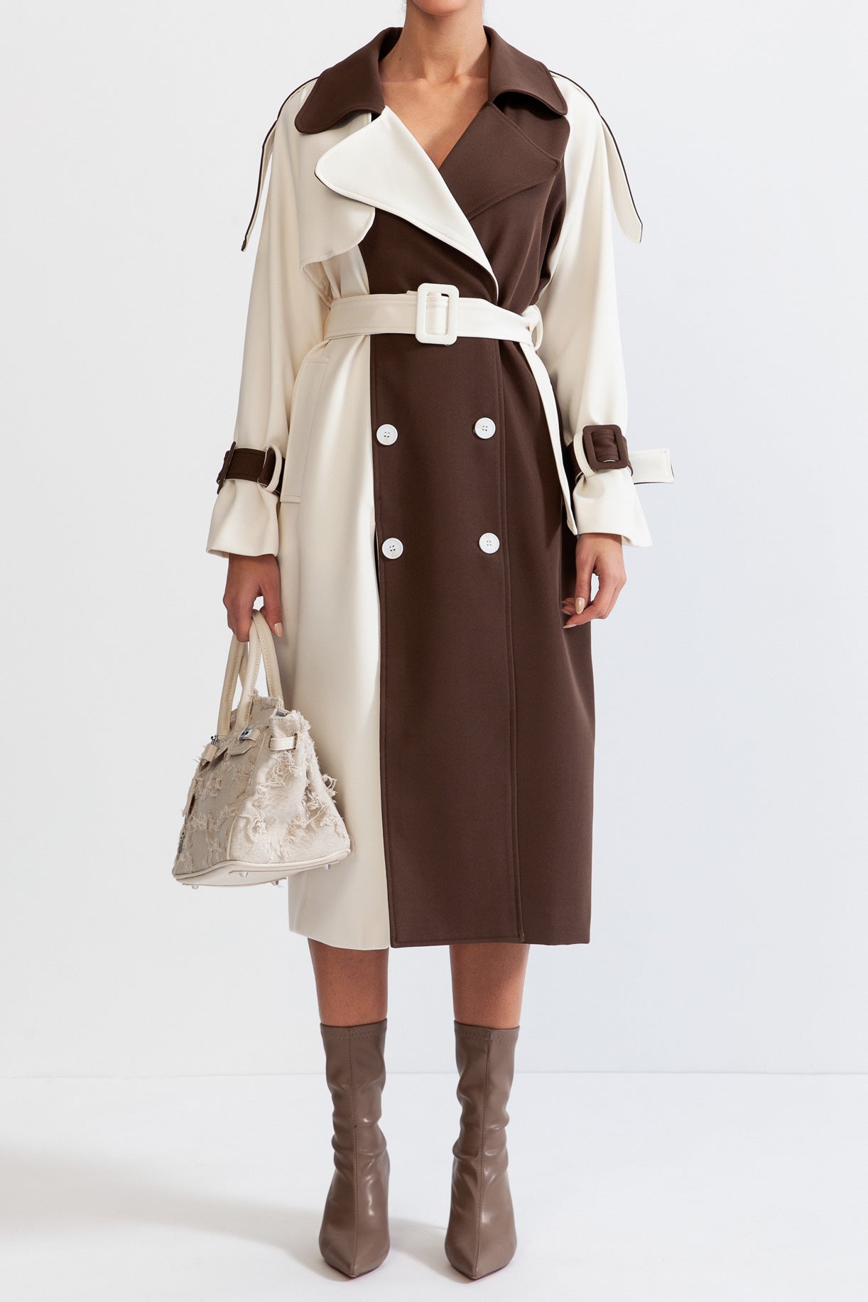 Women's Cream and Brown Double-Breasted Trench Coat with Belted Waist