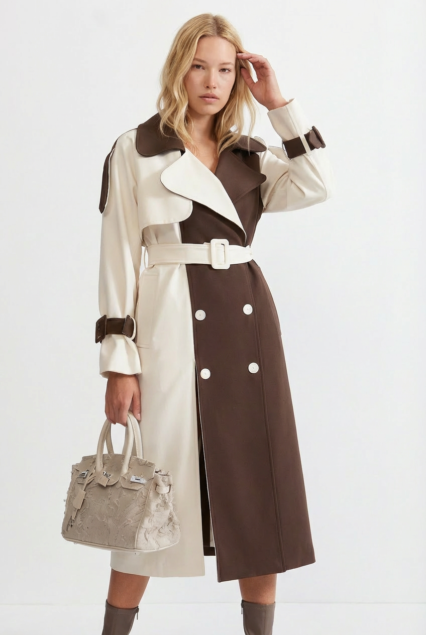Women's Cream and Brown Double-Breasted Trench Coat with Belted Waist