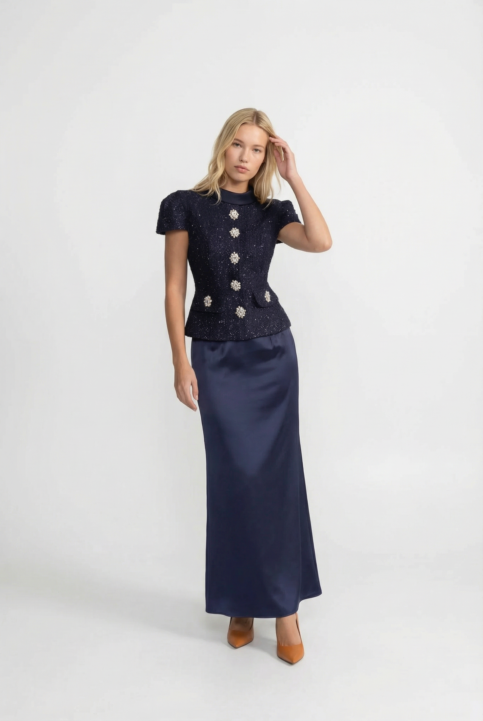 Women's Two-Piece Formal Set with Embellished Top and Full-Length Skirt - Navy Blue