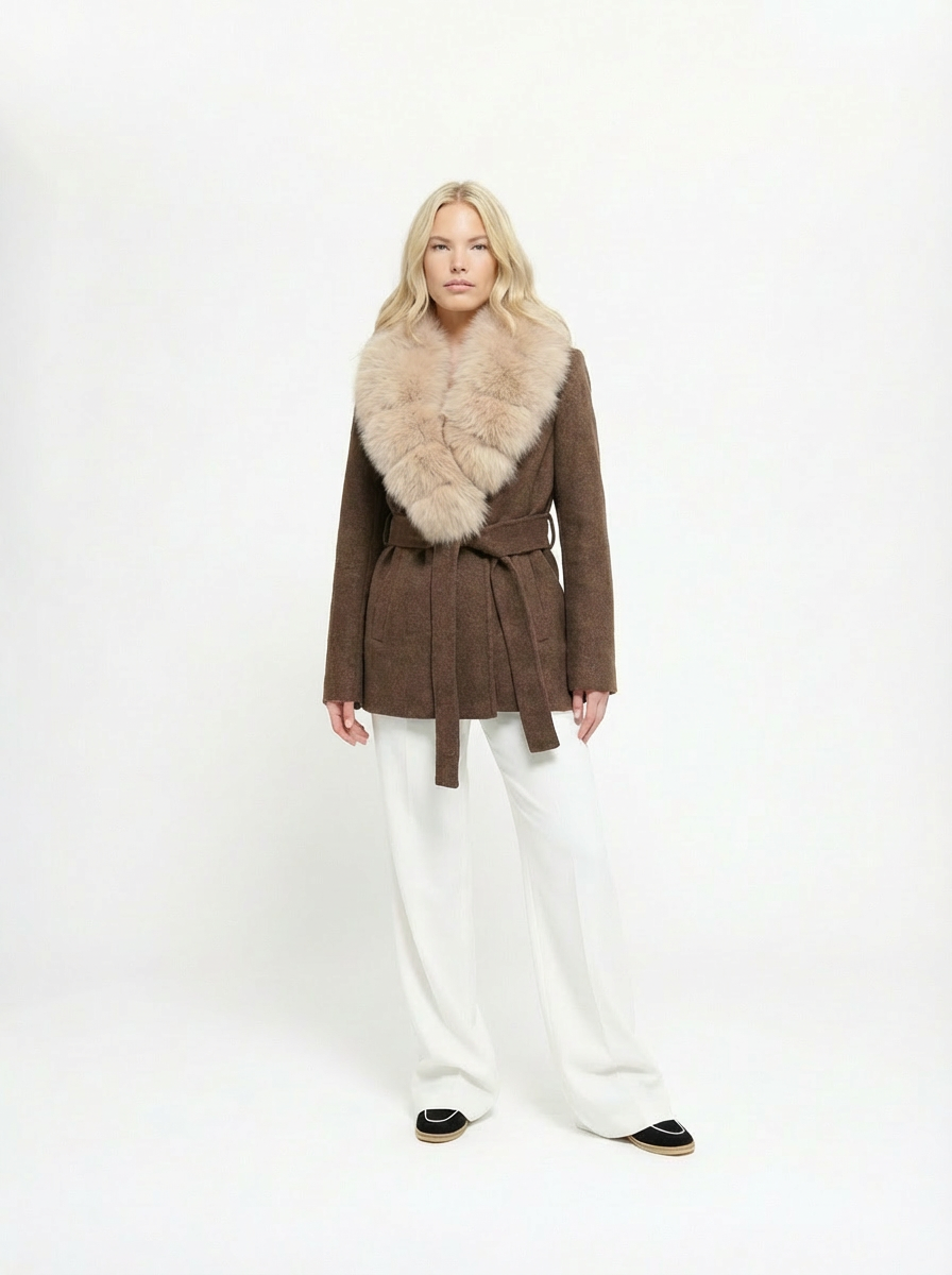 Women's Brown Wrap Coat with Detachable Plush-Textured Collar and Belted Waist