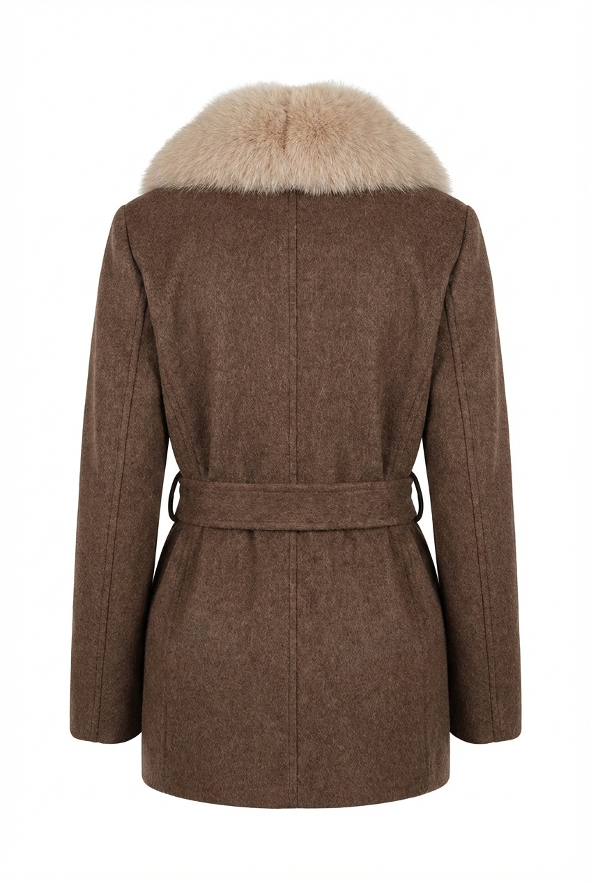 Women's Brown Wrap Coat with Detachable Plush-Textured Collar and Belted Waist