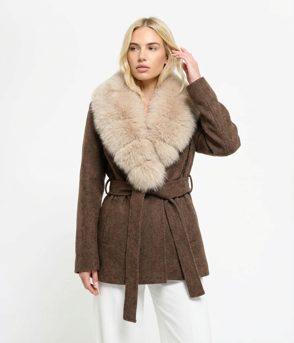 Women's Brown Wrap Coat with Detachable Plush-Textured Collar and Belted Waist