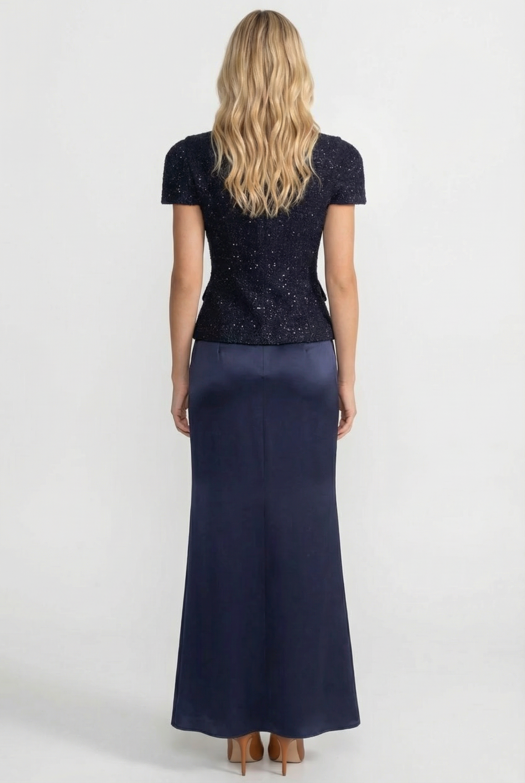 Women's Two-Piece Formal Set with Embellished Top and Full-Length Skirt - Navy Blue