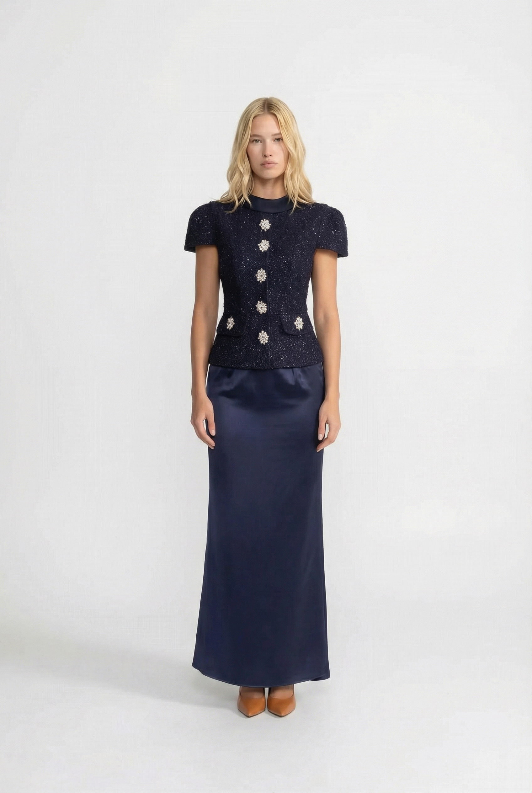 Women's Two-Piece Formal Set with Embellished Top and Full-Length Skirt - Navy Blue